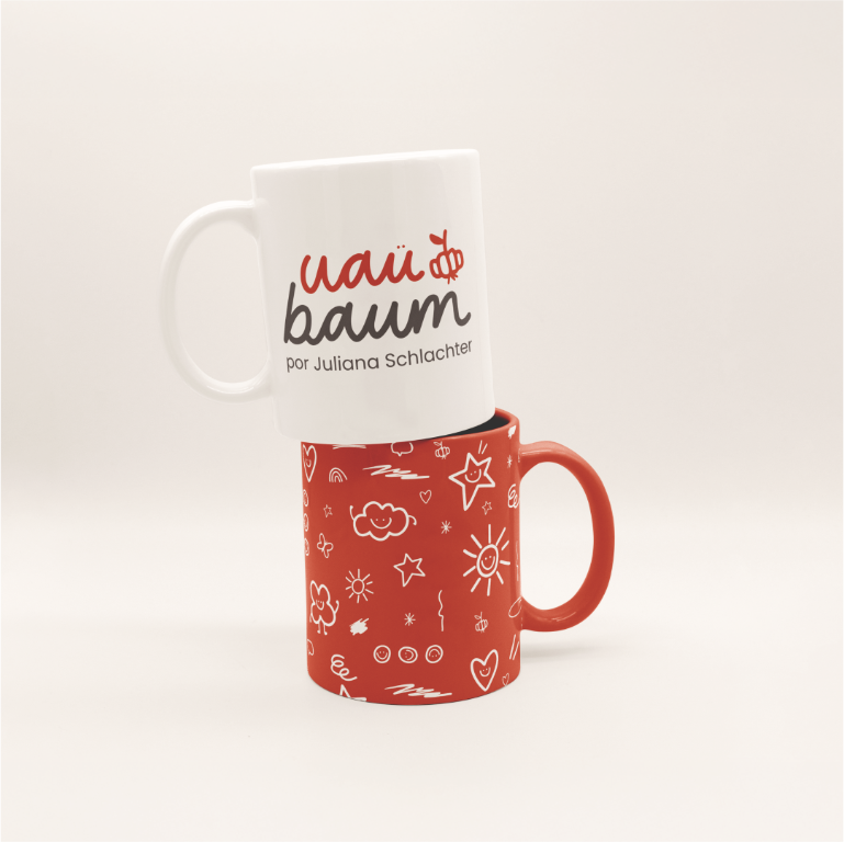 Canecas personalizadas com a identidade visual e as estampas Uaü Baum