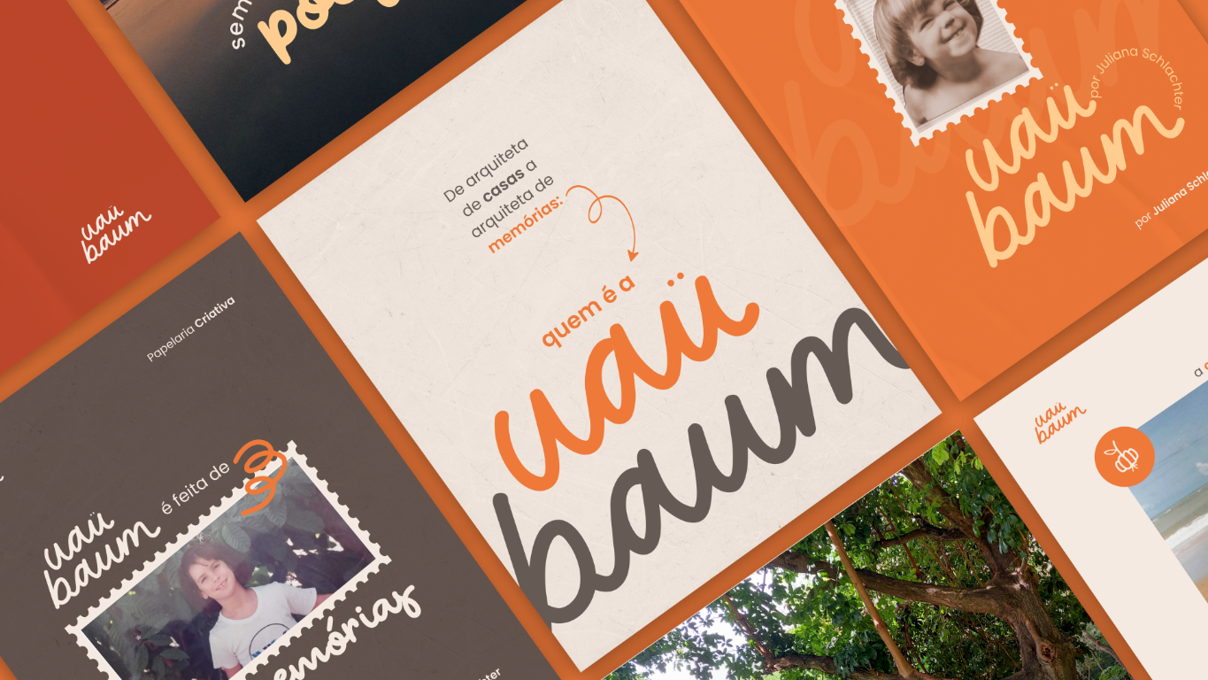 Composição de peças gráficas e publicações que formam o feed personalizado da Uau Baum